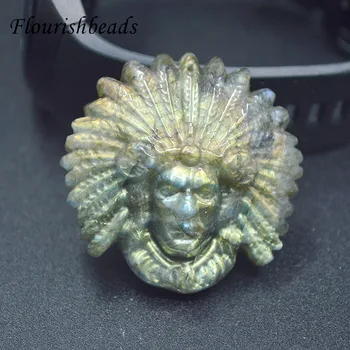 Crystal индийски главата висулка естествен лабрадорит човешка глава дърворезба скъпоценен камък DIY огърлица бижута вземане Хелоуин подарък