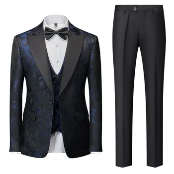Lansboter син мъжки костюм 3 парчета флори модел бизнес ежедневно за сватба младоженец банкет работа комплект яке жилетка с панталони