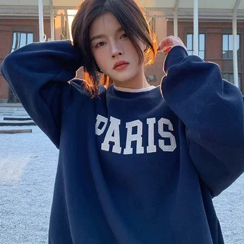 Navy реколта ПАРИЖ писмо печат crewneck суитчър жени зимата извънгабаритни руно сива врана streetwear нови корейски модни пуловери