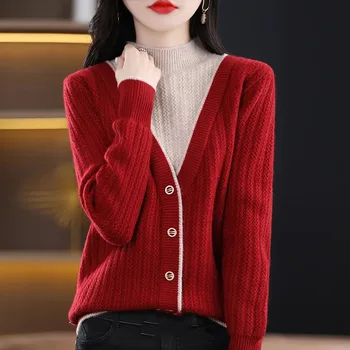 2024 Пролет Есен Нов дамски пуловер мода фалшив две части трикотажни отгоре случайни женски пуловери пуловери елегантен плета джъмпер