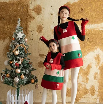 Майка и дъщеря момиче съвпадение рокля Коледа мама и аз съвпадение на едни и същи рокли без ръкави 2024 зимни топли дамски дрехи