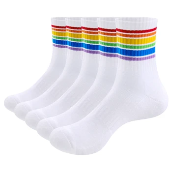 YUEDGE Чорапи за екипажа Раирана дъга Новост Памучни атлетични чорапи 5 чифта Случайни многоцветни унисекс съвпадащи чорапи за мъже жени