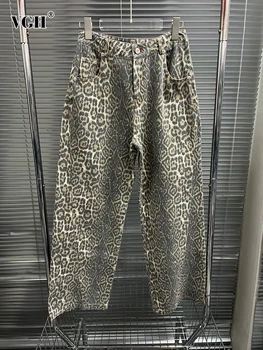 VGH Colorblock леопард печат случайни дънкови панталони за жени висока талия снаждане джобове минималистичен широк крак дънки женски нов