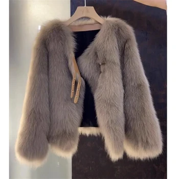Къси върхове кожени връхни дрехи зимни елегантни дебели изкуствени кожено яке топло рошаво палто изкуствена кожа палто жени луксозни яка