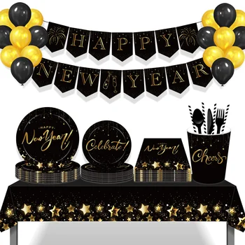 Луксозно злато Черно Честита Нова Година Парти Шампанско Пламъци Комплекти съдове за еднократна употреба Покривки за маса Балони Декорации за куплети на врати