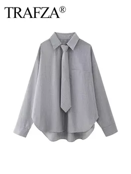 TRAFZA 2024 Женски ретро раирани ризи Твърди пролетни дълги ръкави с джоб за вратовръзка Завой надолу яка хлабав шик елегантна блуза