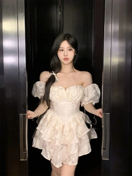 Puff ръкав сладък кула ресни рокля жени kawaii лолита стил мини рокли корейски y2k дрехи лято реколта елегантен висока талия