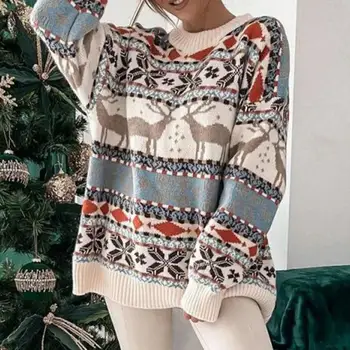 Коледен тематичен жакард дълъг ръкав дамски пуловер 2023 зимен топъл кръг врата хлабав и удебелен пуловер