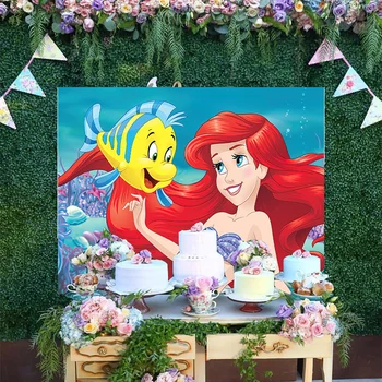 Cartoon Under SeaWorld Backdrop Happy Baby Birthday Party Decoration Disney Princess The Little Mermai Ariel Backgrounds Banner