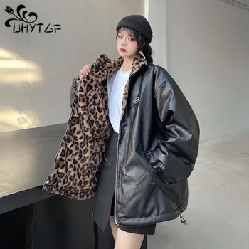 Fashion Двустранно облекло Леопард печат Дебело плюшено кожено яке за жени 2023 Есен Зима Ретро Pu кожено палто Streetwear