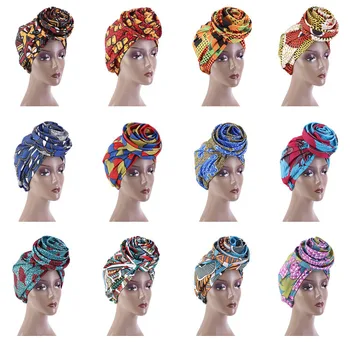 Африканска шапка за коса за спане отпечатана сатенена подплата Тюрбан шапка тиган Flower National Bonnet Аксесоари за грижа за косата Жени
