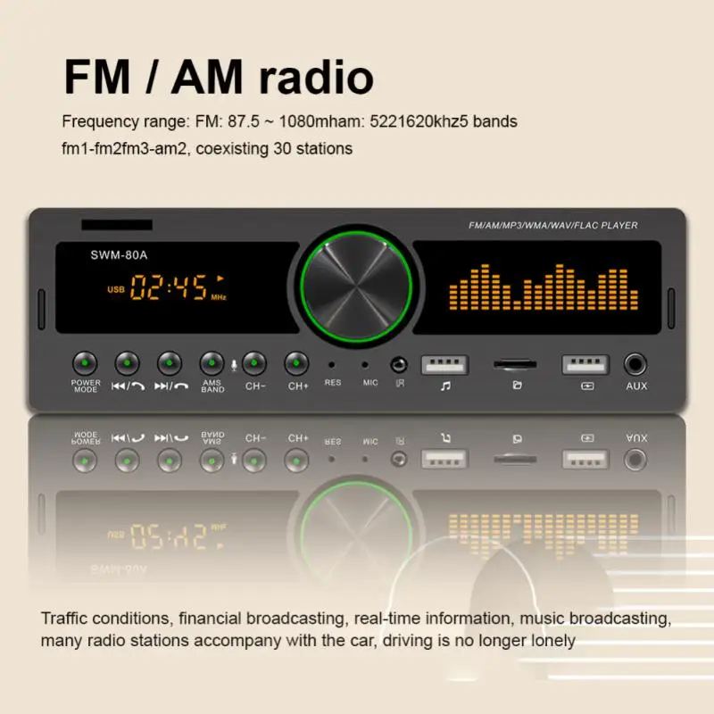 1Din Автомобилно радио Мултимедия Хендсфри MP3 плейър FM AM аудио 12V USB / SD / AUX вход в Dash Locator Auto Stereo Head Unit