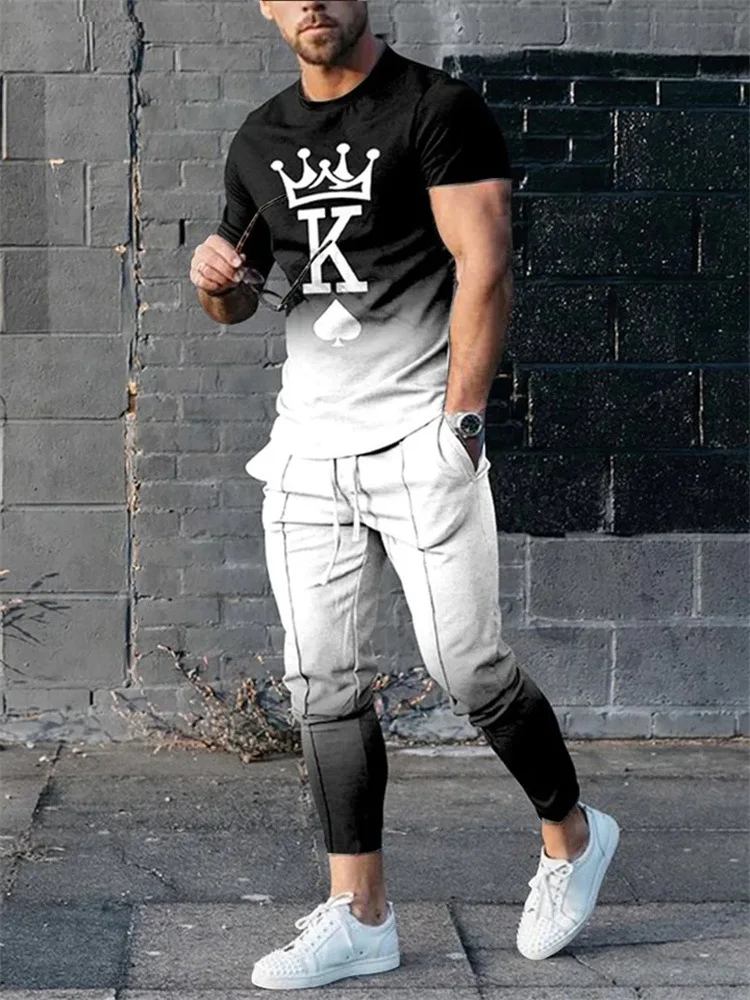 KING градиент модел 3D отпечатани къс ръкав костюм лято мъже анцуг комплект улично облекло за мъж мода 2 парче екипировки