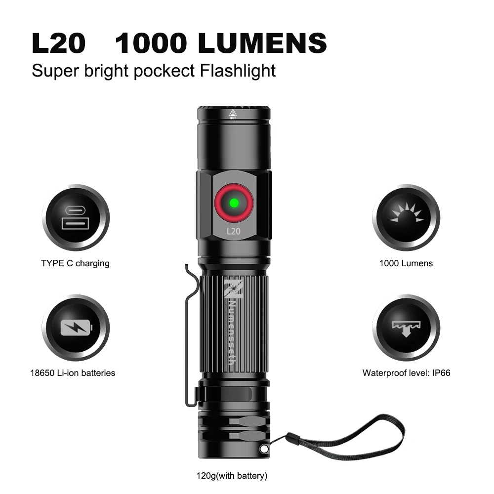 Numensseth L20 на открито дълго Лъчево фенерче 1000 лумена ярко Изключително дълъг живот на батерията Джобно фенерче за къмпинг, туризъм