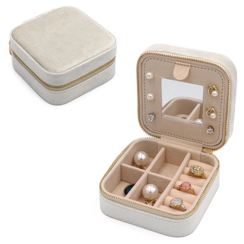 Portable мини кадифе бижута организатор кутия дисплей случай с цип пътуване пръстен кутия огърлица пръстен съхранение случай жени подарък площад
