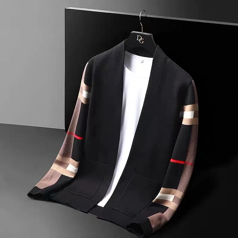 Висок клас марка плетена жилетка мъжка мода луксозен раиран пуловер ежедневен шал 2023 пролетна и есенна тенденция мъжко палто