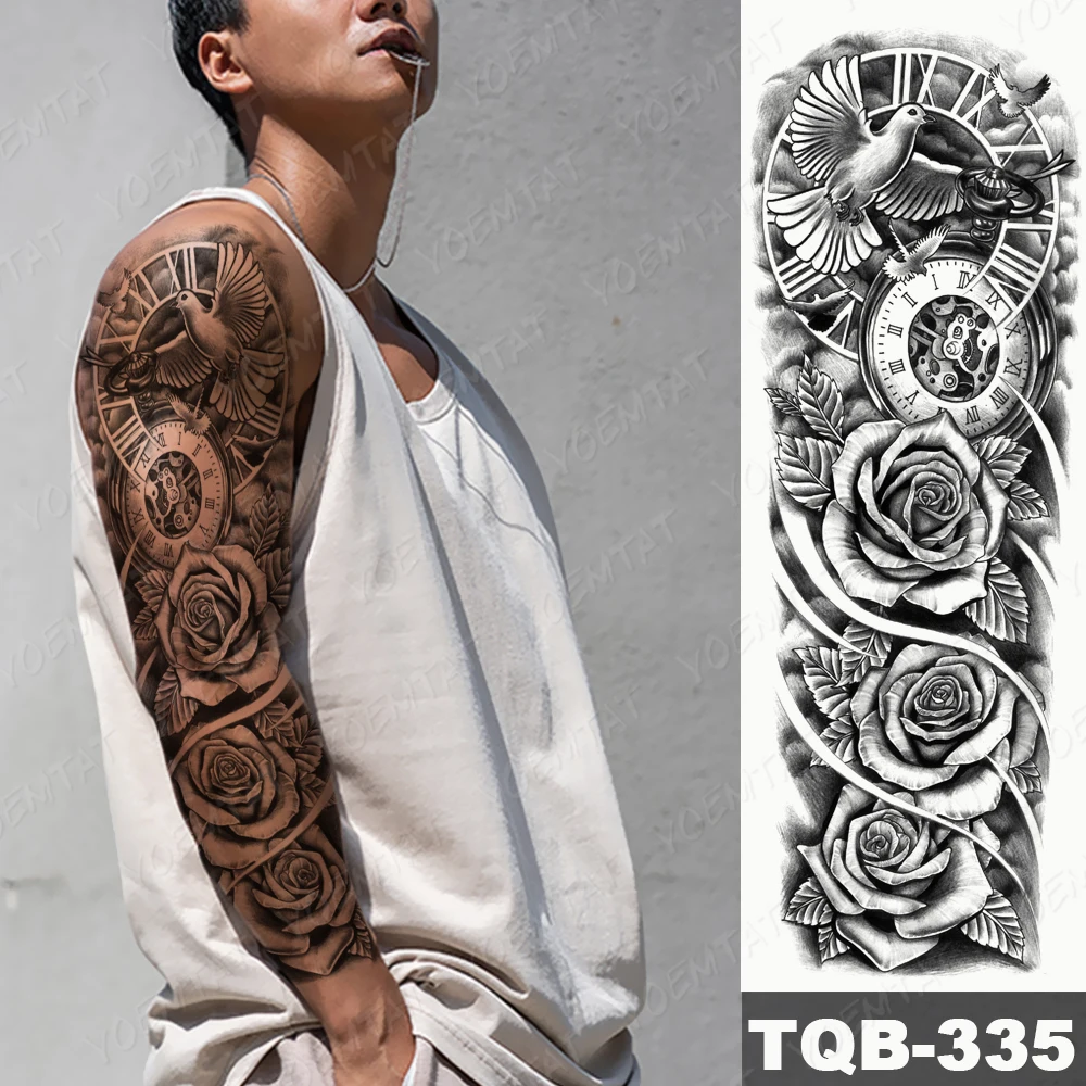 Голям пълен ръкав ръкав татуировка реалистичен водоустойчив временен стикер Tatoo гълъб часовник роза мъже боди арт голям размер фалшив Tato жени