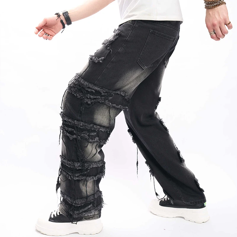 Мъжки редовни годни подредени дънки тънък скъсани дънки унищожени прави дънкови панталони Harajuku хип-хоп панталон улично облекло