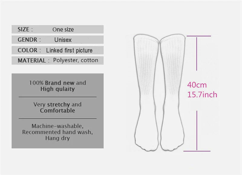 Френският Изпращане чорапи Дамски бели чорапи Персонализирани потребителски унисекс възрастни тийнейджърски младежки чорапи 360 ° цифров печат коледен подарък
